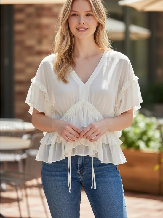 The Kooples Tops - The Kooples Paris Women’s White Ruffle V-Neck Blouse